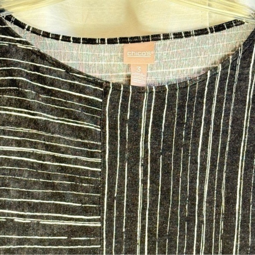 Chicos Size 3 Tunic Top Black White Stripe Asymmetrical Pattern - Picture 2 of 5
